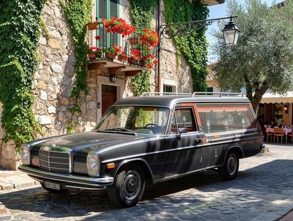 1973 Mercedes 200 con allestimento Carro-Funebre del 1973